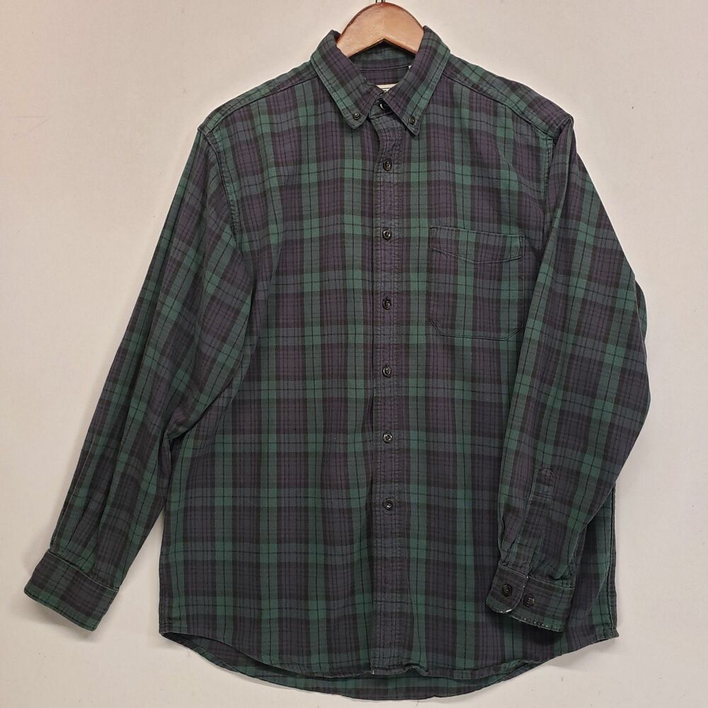 LL Bean Mens Medium Flannel Plaid Shirt Made In Canada Green Plaid 0MT37 Vintage